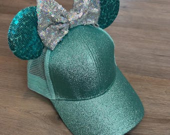 Youth Turquoise Glitter Mouse Ear Hats, Mouse Ear Hat with Ponytail Slit