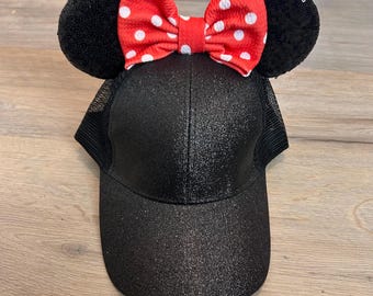 Polka Dot Bow Glitter Mouse Ear Hat, High Ponytail Slit Hat with Mouse Ears
