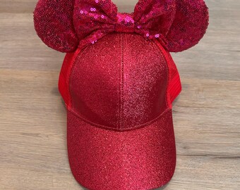 Hot Pink Glitter Mouse Ear Hats, Mouse Ear Hat with Ponytail Slit