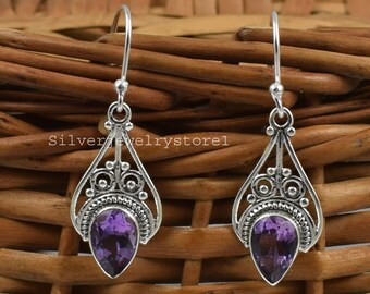 Purple Amethyst Earrings, 925 Sterling Silver, Purple Gemstone Jewelry, Gemstone Earrings, Modern,Minimalist, Purple Earring, dangle Earring