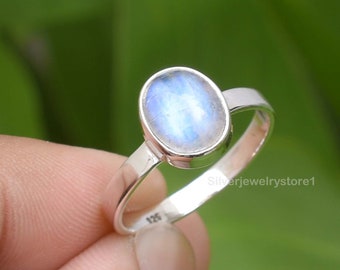 Natural Moonstone Ring, 925 Sterling Silver, Rainbow Moonstone 7x10mm Oval Shape gemstone Boho ring, Handmade Ring, Bezel Ring, Size 9 US
