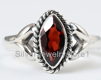 925 Sterling Silver Ring, Real Red Garnet Natural Gemstone Ring, Garnet Silver Ring Gift For Her, Faceted Garnet Ring, Boho Jewelry