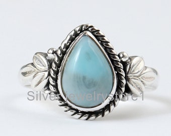 Bague bohème, bague en larimar, bague en argent 925, bague avec pierres précieuses poire, bague tendance, bague pour femme, larimar naturel, bague fine, bague avec pierre de naissance