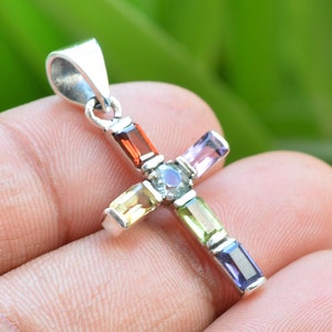 Unique 925 Silver Cross Pendant, Mix Stones Necklace Pendant, 925 sterling Silver, Multi Stone 3x5mm Gemstone Pendant, God Gift , Gift Ideas