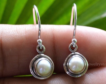 Fresh Pearl Earrings, 925 Sterling Silver Earring, Fresh Water Pearl 6mm Round Gemstone Earrings, Women Earrings, Handmade Boho Earrings