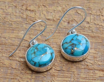 Turquoise Earrings, 925 Sterling Silver Earrings, Round Turquoise 12x12mm Earrings, Women Earrings, Boho Earrings, Boho Hook Earring