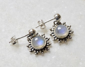 Moonstone Earrings, 925 Sterling Silver, Rainbow Moonstone 10x10mm Round Gemstone Earrings, Silver Earrings, Handmade Earrings, Gift For Her