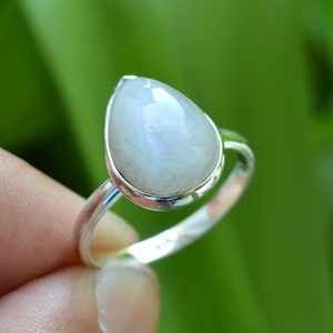 Rainbow moonstone ring silver, moonstone 10x14 mm pear ring, moonstone ring, handmade ring, gemstone ring, bezel ring, sterling silver ring