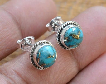 Blue Copper Turquoise Stud Earrings: Sterling Silver, 8x8mm Round