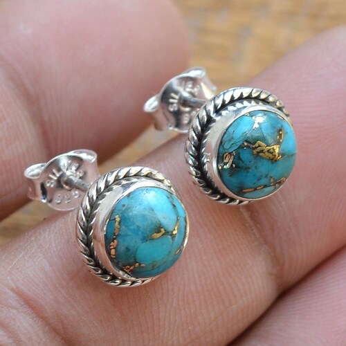 Turquoise Stud Earrings Sterling Silver Earrings Blue Copper Etsy