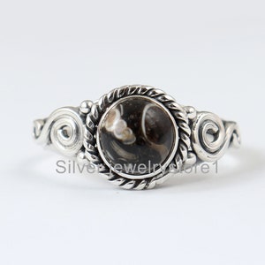 Turritella Agate 925 Sterling Silver Ring - Handmade Oxidized Gemstone Ring