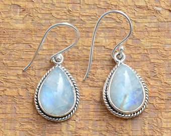 Natural Rainbow Moonstone Earrings, 925 Sterling Silver, Moonstone 9x13mm Pear Gemstone Earrings, Moonstone Earrings, Silver Earrings, Gift
