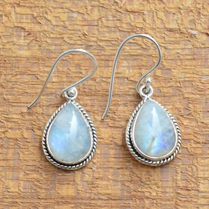 Natural Rainbow Moonstone Earrings, 925 Sterling Silver, Moonstone 9x13mm Pear Gemstone Earrings, Moonstone Earrings, Silver Earrings, Gift