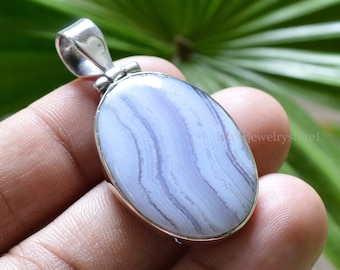 Natural Blue Lace Agate Pendant, 925 Sterling Silver Pendant, 22x30mm Oval Gemstone Pendant, Silver Pendant, Blue Lace Gemstone Pendant