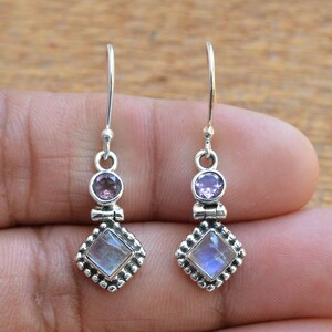 Rainbow Blue Fire Moonstone & Amethyst Earrings, 925 Sterling Silver Earring , 8mm Round 5x7mm Pear Gemstone Earrings, Silver Earrings