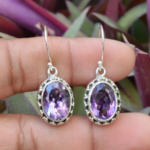 Natural Purple Amethyst Earrings, Sterling Silver Earrings, Amethyst 10x14 mm Oval Faceted Gemstone Earrings, Silver Earrings, Gift for Her