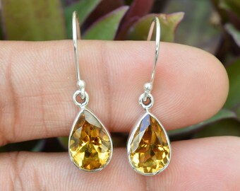 AAA Rated Citrine Earrings, Sterling Silver Earrings, Citrine 8x12 mm Pear Faceted Gemstone Earrings, Citrine Jewelry, Silver Earrings, Gift