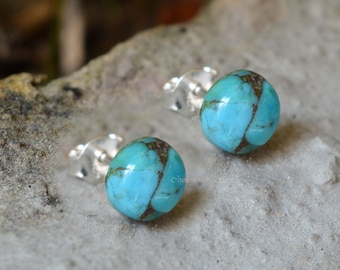 Copper turquoise earrings- sterling silver stud- blue copper turquoise 7mm round- gemstone stud earrings- copper turquoise stud-gift for her