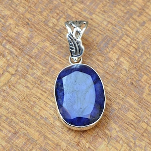 Blue Sapphire Pendant, Sterling Silver Pendant, Synthetic Sapphire 18x25mm Oval Faceted Gemstone Pendant, Silver Pendant, Handmade Pendant image 1