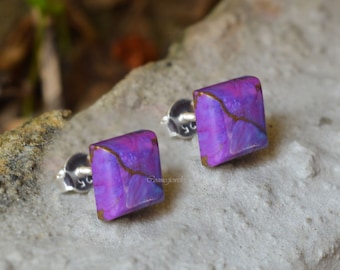 Purple copper turquoise earrings- 925 sterling silver stud earrings- copper turquoise 8 mm square gemstone silver earrings-handmade earrings