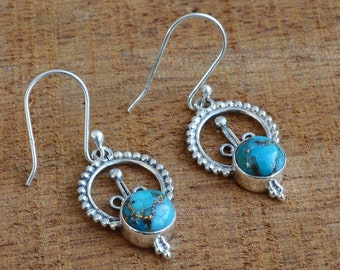 Turquoise earrings, Blue Copper Turquoise 8x8 mm Round Gemstone Silver Earrings, Handmade Earrings, Copper Turquoise Earrings, Earrings