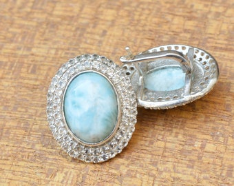 Larimar Earrings, 925 Sterling Silver, Larimar Latch Back Stud Earrings, 12x16 mm Oval Gemstone Earrings, White Topaz Stud Earrings, Larimar