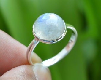 Moonstone Ring, Rainbow Moonstone 10mm Round Gemstone Silver Ring, Rainbow Moonstone Ring, Gemstone Ring, Handmade Ring, Gift For Her, Rings