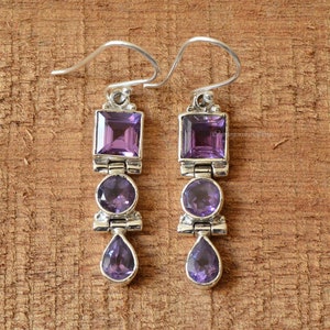 Natural Amethyst Earrings, Amethyst 7mm Square, 6mm Round, 5x7mm Pear Gemstone Earrings, Handmade Earrings,Women Earrings,Beautiful Earrings