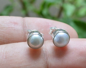 Pearl Studs Earrings, 925 Sterling Silver Studs, Water Pearl 6x6mm Round Earrings, Handmade Studs Earrings, Womens Earrings, Boho Earrings