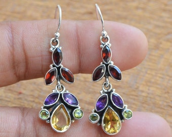 Multi Stone Earrings, 925 Sterling Silver, Garnet Earrings, Amethyst Earrings, Citrine Earrings, Peridot Earrings, Silver Earrings, Gift