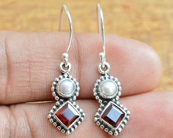 Natural Garnet Earrings, Silver Earrings, Pearl Earrings, 3mm Round Pearl And 4mm Garnet Square Earrings, Dangle Earrings, Sterling Silver