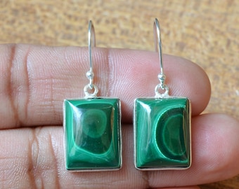 Malachite Earrings, 925 Sterling Silver, Malachite 12x16 mm Rectangle Gemstone Earrings, Bezel Earrings Silver Setting, Gemstone Earrings