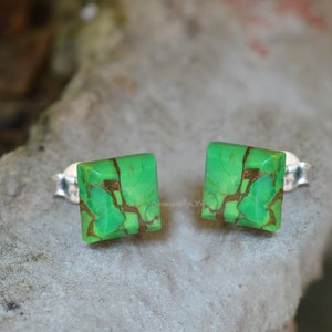 Green copper turquoise earrings, 925 sterling silver stud earrings, green copper 8 mm square shape gemstone silver earrings, copper earrings