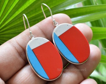 Red Coral Earrings, 925 Sterling Silver Earrings, Howlite Earrings, Synthetic Coral 20x30mm Oval Earrings, Handmade Earrings, Modern Earring