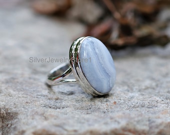 Natural Blue Lace Agate Ring, 925 Solid Sterling Silver Ring, 15x21mm Oval Gemstone Ring, Silver Ring, Boho Ring, Handmade Ring, Size 8 US