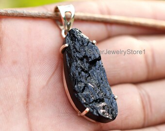 Natural Black Tourmaline Pendant, Sterling Silver Pendant, Black Tourmaline Rough Stone Pendant, andmade Pendant, Boho Pendant, Etsy Jewelry