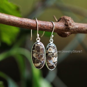 Natural Turritella Agate Earrings, 925 Sterling Silver Earrings, Women's Earrings, Handmade Earrings, Turritella 10x21mm Oval Shape Earrings