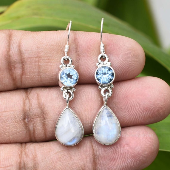 Rainbow Moonstone Earrings with Blue Topaz Sterling Silver Dangle Rainbow Moonstone Earrings with Blue Topaz Sterling Silver Dangle