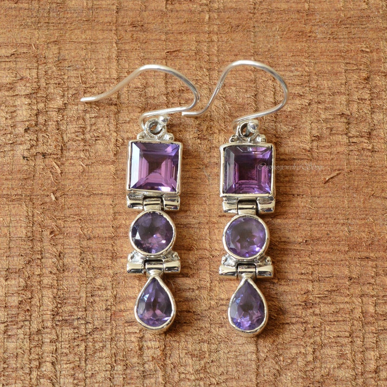 Natural Amethyst Earrings, Amethyst 7mm Square, 6mm Round, 5x7mm Pear Gemstone Earrings, Handmade Earrings,Women Earrings,Beautiful Earrings image 1