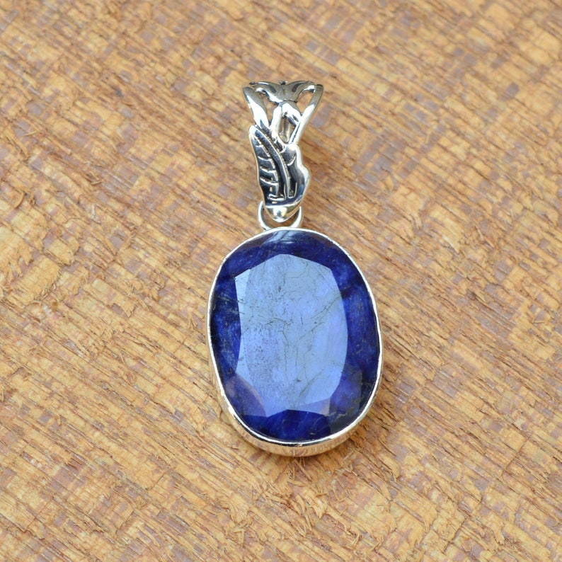 Blue Sapphire Pendant, Sterling Silver Pendant, Synthetic Sapphire 18x25mm Oval Faceted Gemstone Pendant, Silver Pendant, Handmade Pendant image 1