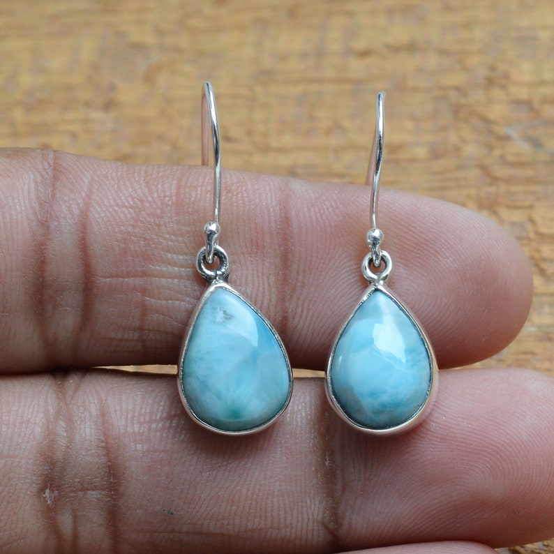 Silver Earrings Boho Earrings Gift Larimar Earrings Larimar 10x14mm Pear Shape Earrings 925 Sterling Silver Earrings Handmade Earrings