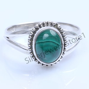 Handmade 925 Sterling Silver Malachite Ring: Oval Boho Jewelry