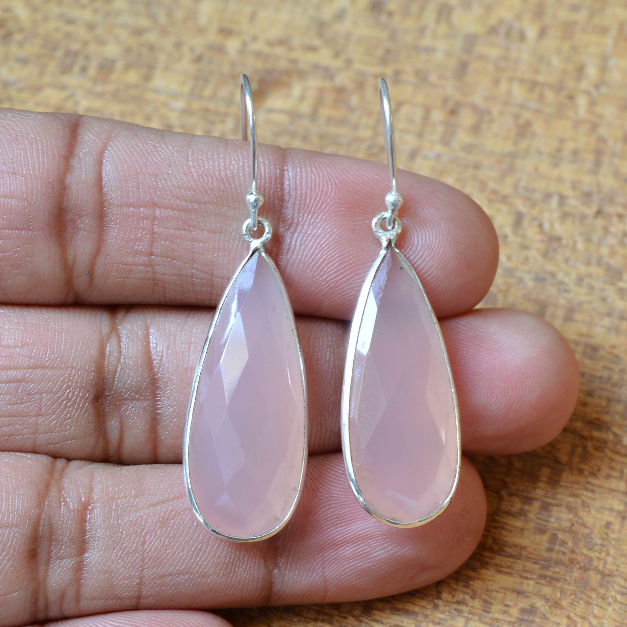 925 Sterling Silver Gold Plated Pink Chalcedony Bezel 10mm Handmade Earring 925 Sterling Silver Gold Plated Pink Chalcedony Bezel 10mm Handmade Earring