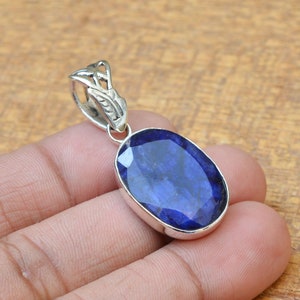 Blue Sapphire Pendant, Sterling Silver Pendant, Synthetic Sapphire 18x25mm Oval Faceted Gemstone Pendant, Silver Pendant, Handmade Pendant image 4