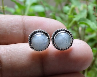 Rainbow Moonstone Stud Earrings, 925 Sterling Silver, Moonstone 8mm Round Gemstone Stud Earrings, Handmade Earrings, Women's Studs Earrings