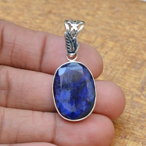 Blue Sapphire Pendant, Sterling Silver Pendant, Synthetic Sapphire 18x25mm Oval Faceted Gemstone Pendant, Silver Pendant, Handmade Pendant image 3