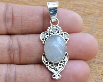 Rainbow Moonstone Pendant, 925 Sterling Silver Pendant, Moonstone 12x16mm Oval Gemstone Pendant,Gemstone Jewelry, Women Pendant,Gift For Her