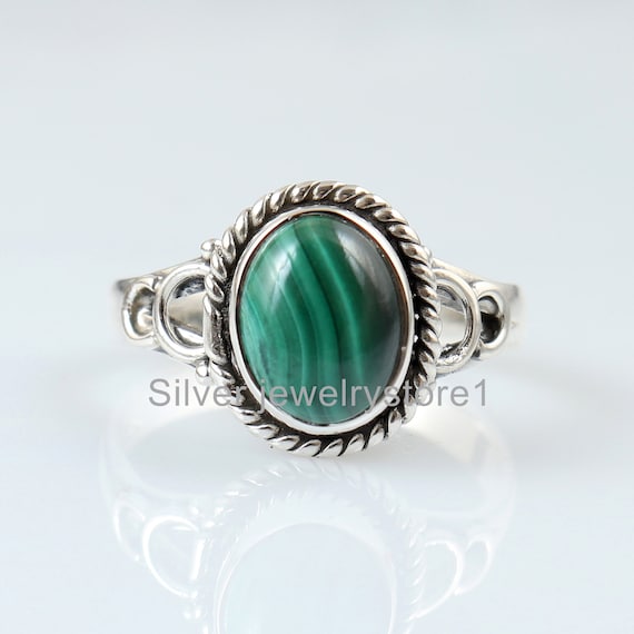 925 Sterling Silver Ring, Natural Malachite Ring , 7X9 MM
