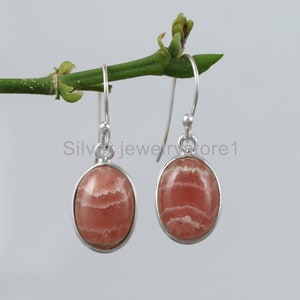 Handgefertigte Rhodochrosit Ohrhänger: Ovaler Edelstein, 925 Sterling Silber