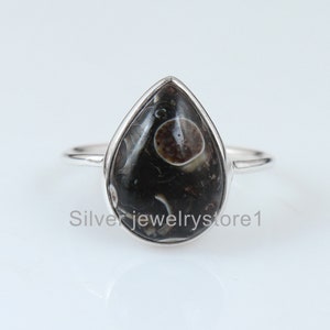 Teardrop Turritella Agate Ring: 925 Sterling Silver Gemstone Jewelry